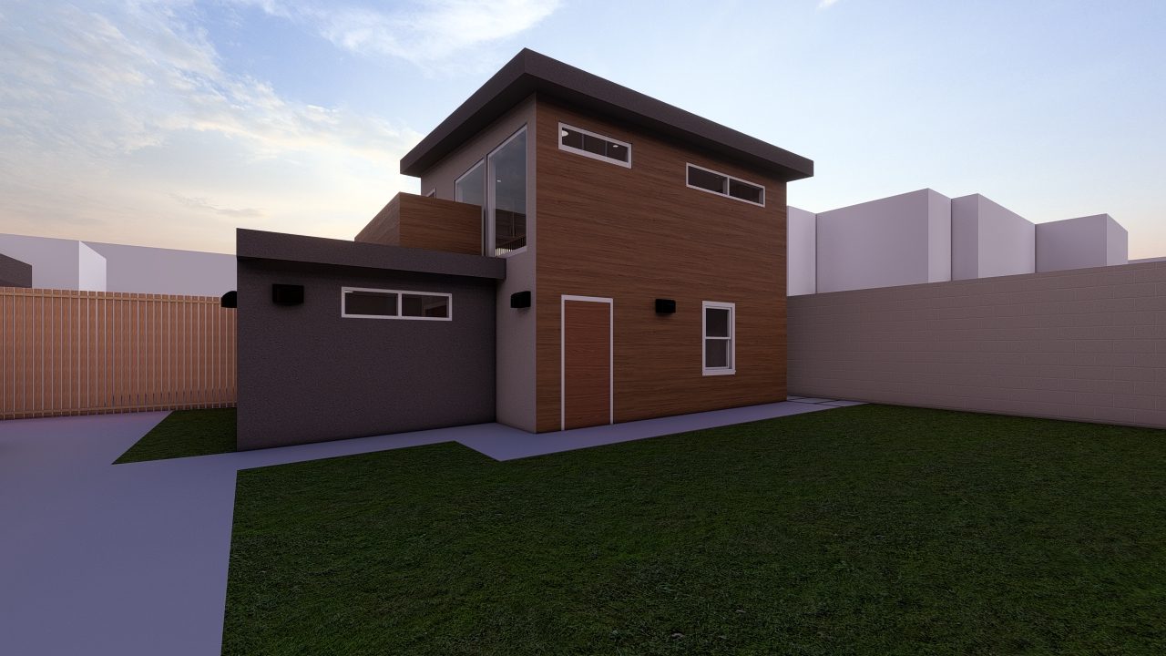 Rendering of the ADU and rear yard at dusk