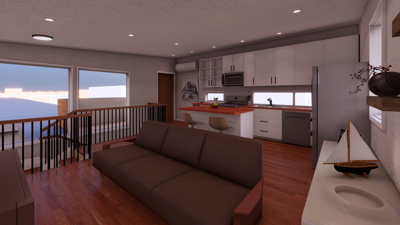 Rendering of the ADU upper-level kitchen and living area