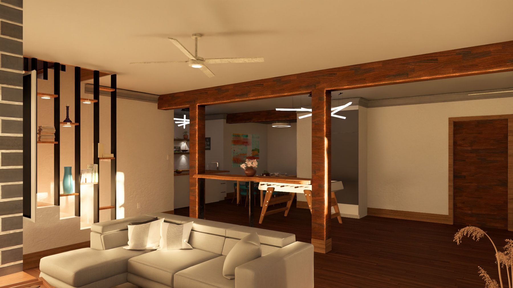 Rendering of the living and flex space framed by exposed wood beams